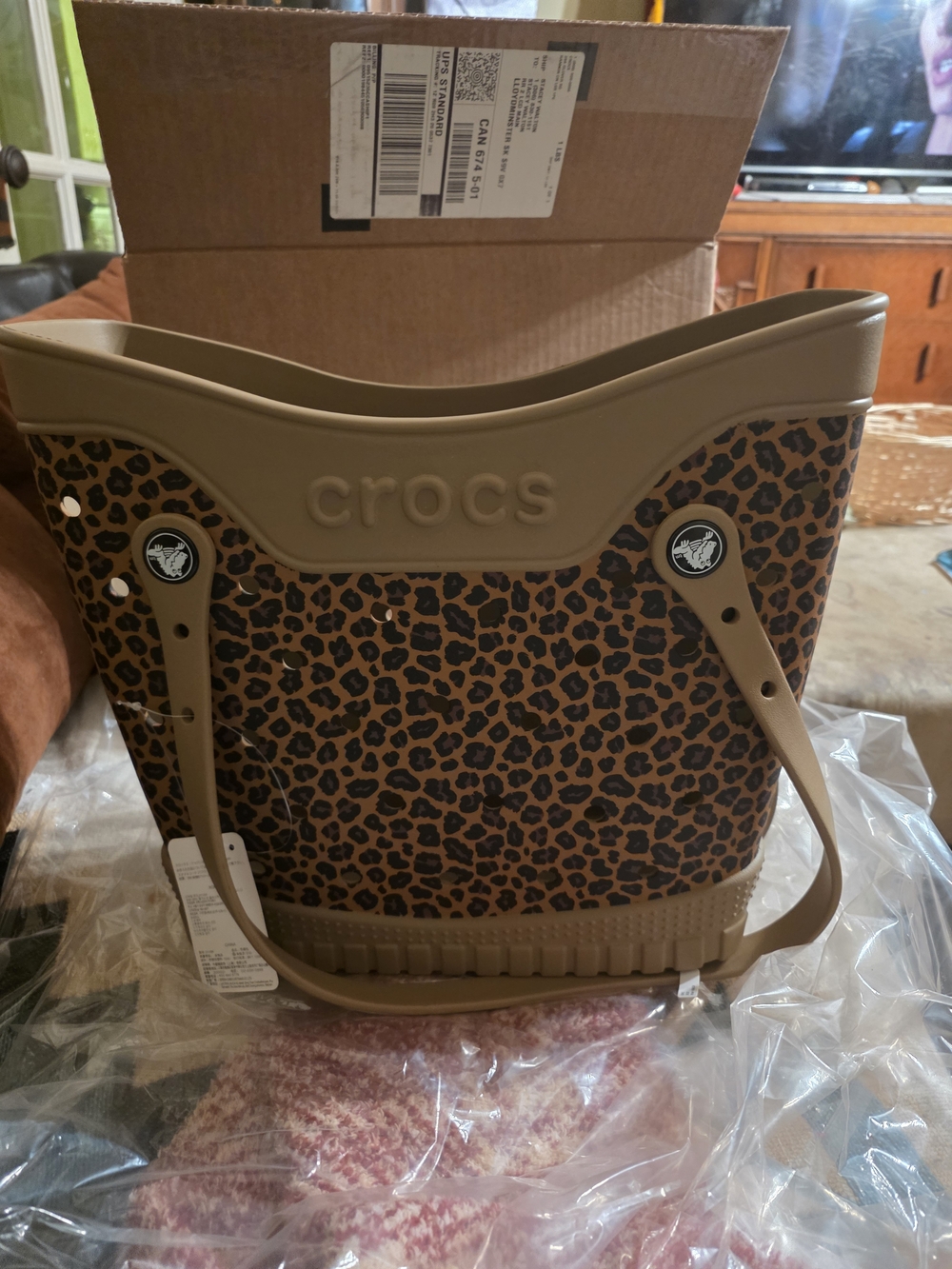 CROCS Leopard-Pattern Tote in Brown and Black